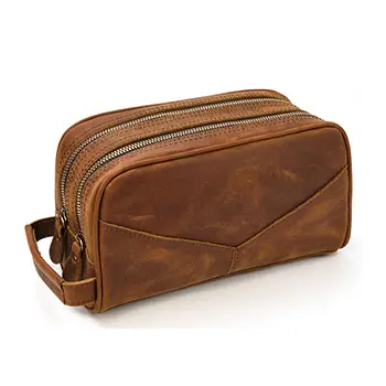 Bearky Travel Durable Crazy Horse Skincare Genuine Leather Makeup Bag